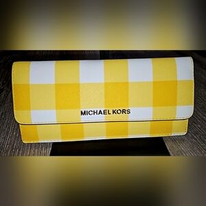 RARE Authentic Michael Kors bright yellow/white plaid foldable wallet